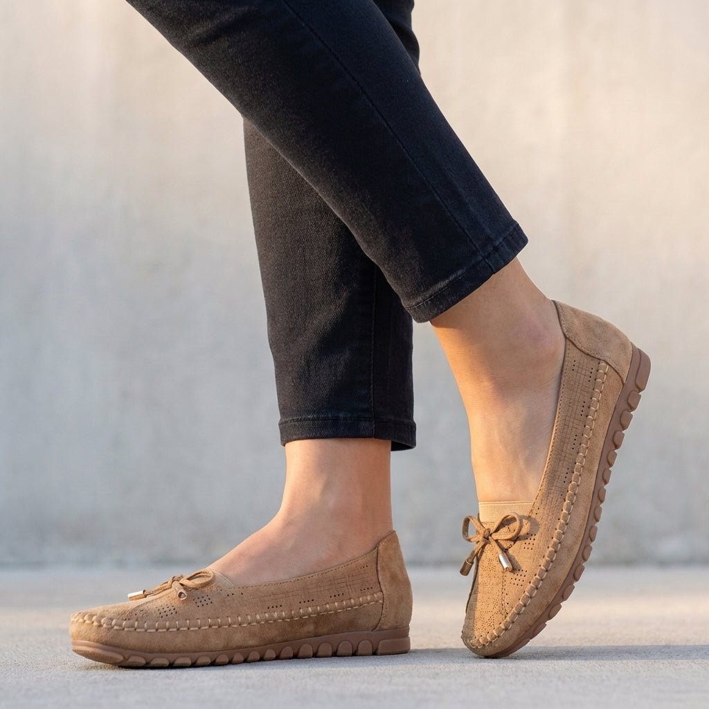 Orthopedic Loafers Slip-On Perforated Bow Women's Comfort - Camel