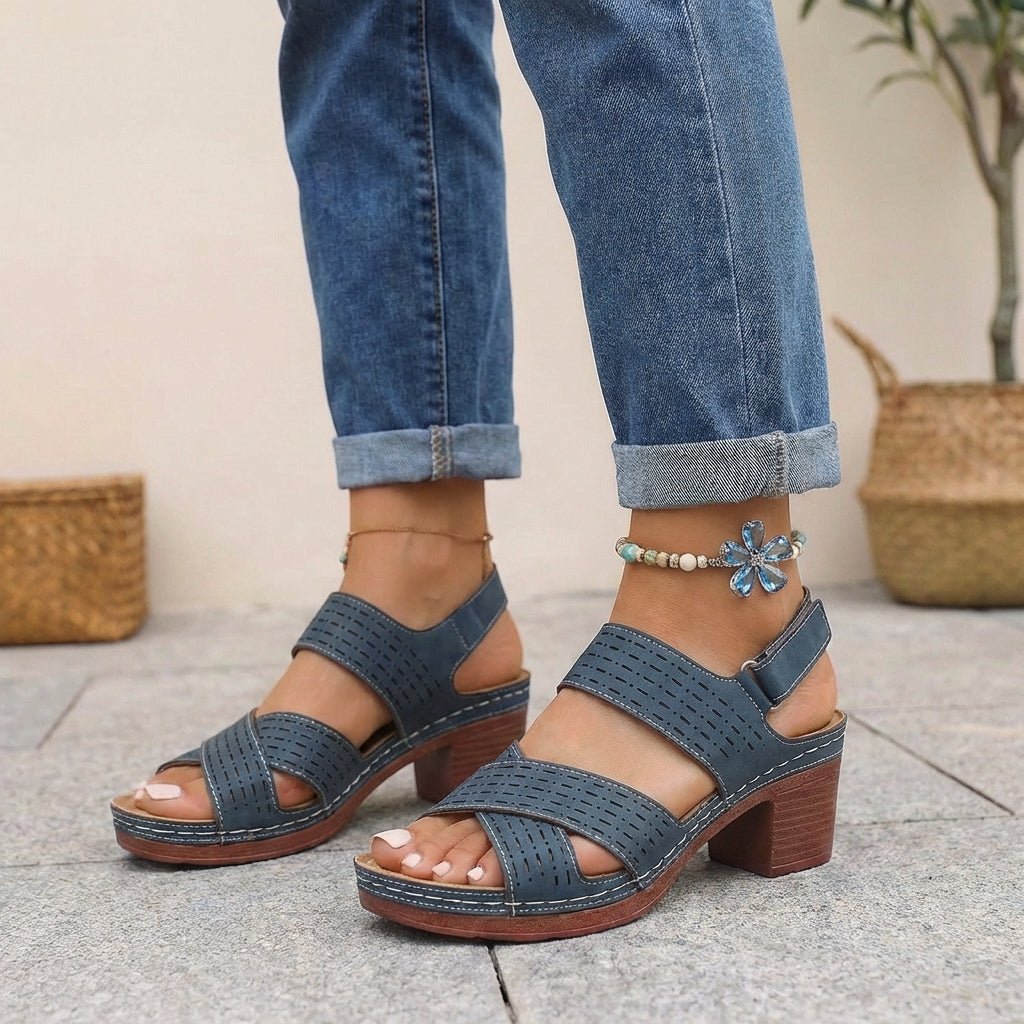 Orthopedic Platform Sandals Block Heel Open Toe Cut Out - Blue