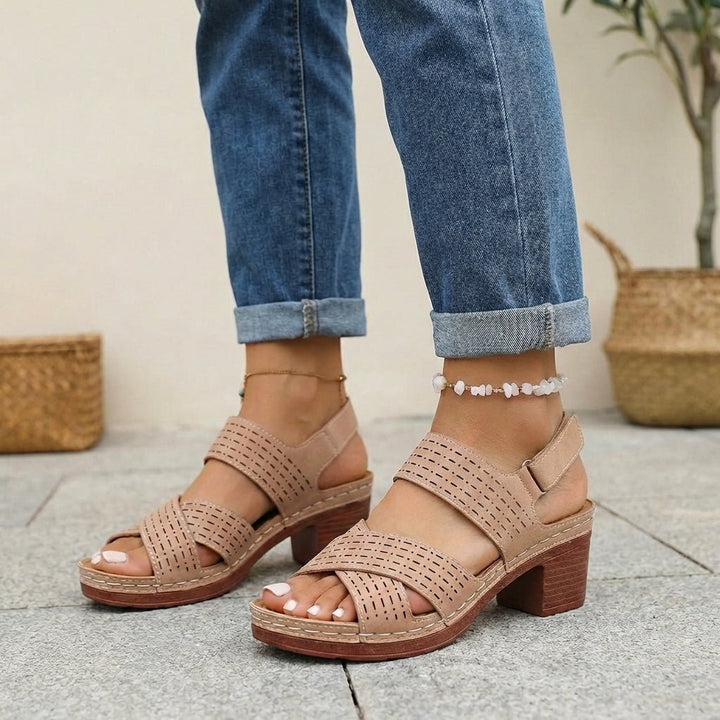 Orthopedic Platform Sandals Block Heel Open Toe Cut Out - Brown