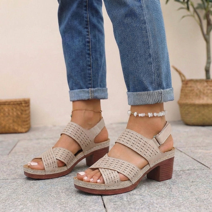 Orthopedic Platform Sandals Block Heel Open Toe Cut Out - Khaki