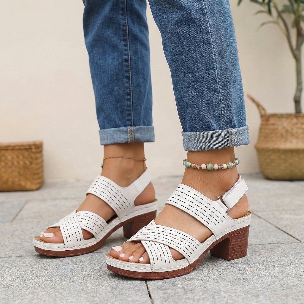 Orthopedic Platform Sandals Block Heel Open Toe Cut Out - White