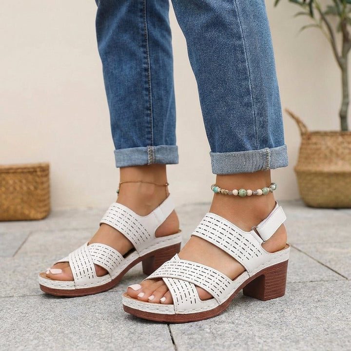 Orthopedic Platform Sandals Block Heel Open Toe Cut Out - White
