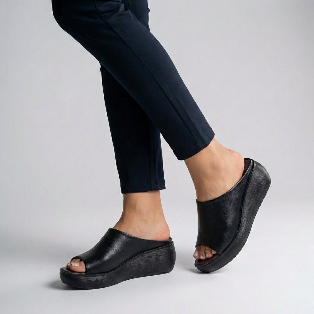 Orthopedic Platform Slide Sandals Leather Slip-On Open-Toe - Black