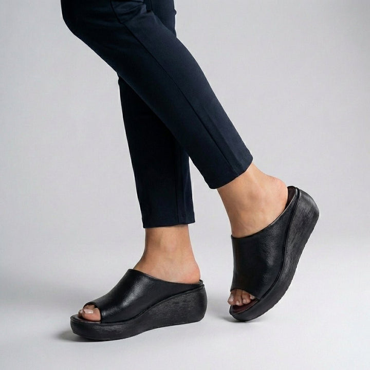 Orthopedic Platform Slide Sandals Leather Slip-On Open-Toe - Black