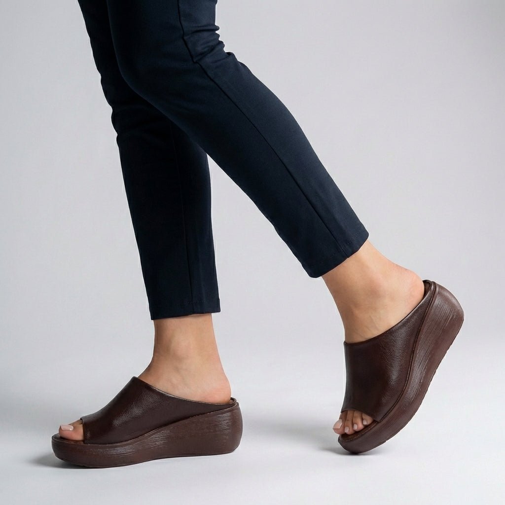 Orthopedic Platform Slide Sandals Leather Slip-On Open-Toe - Brown