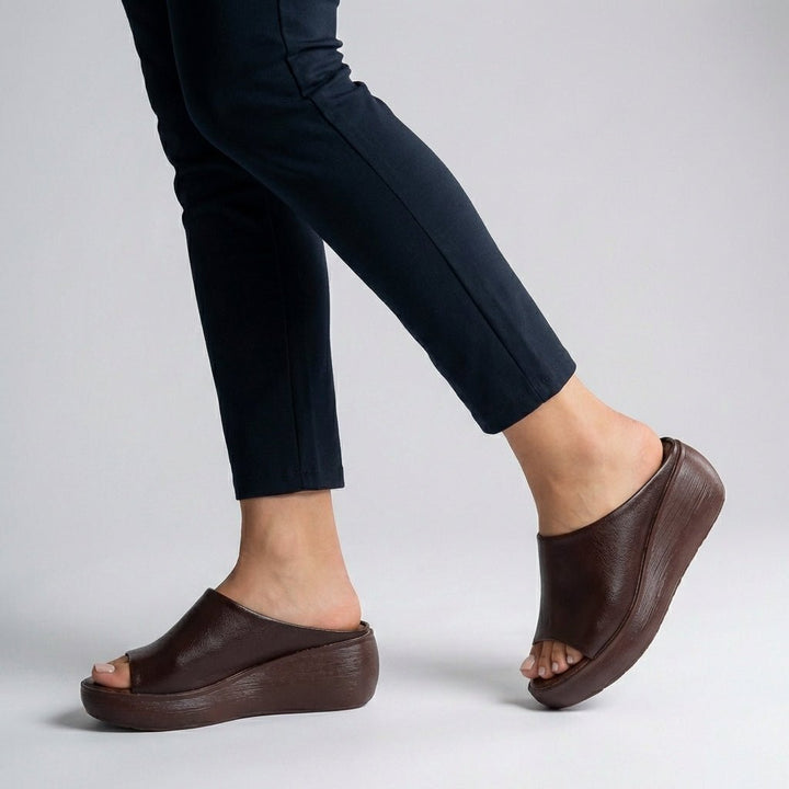 Orthopedic Platform Slide Sandals Leather Slip-On Open-Toe - Brown