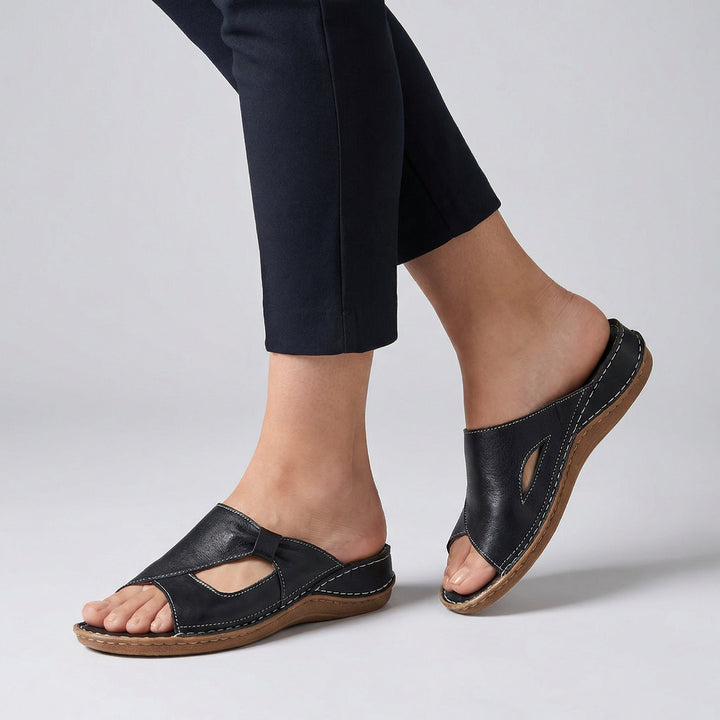 Orthopedic Slide Sandals Open-Toe Leather Comfort - Black