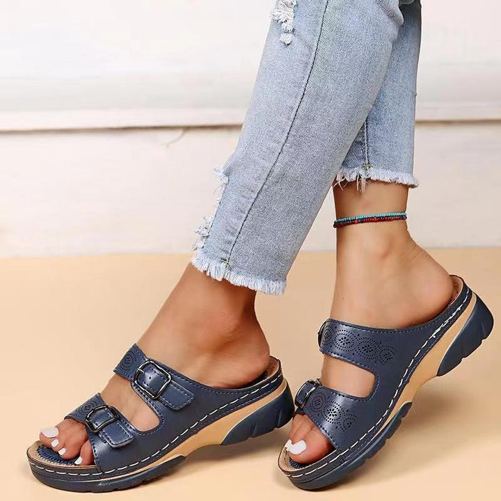Orthopedic Slide Sandals Perforated Open Toe Comfort Fit - Dark Blue