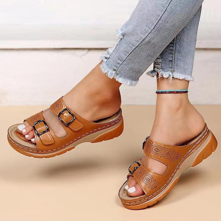 Orthopedic Slide Sandals Perforated Open Toe Comfort Fit - Brown