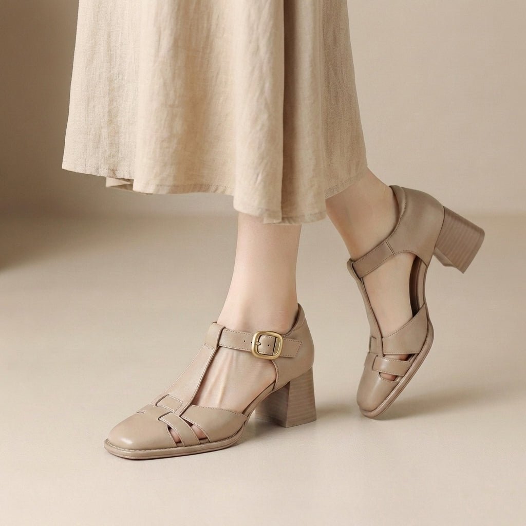 Orthopedic T-Strap Sandals Square Toe Chunky Heel Comfort - Apricot
