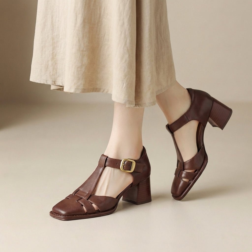 Orthopedic T-Strap Sandals Square Toe Chunky Heel Comfort - Brown
