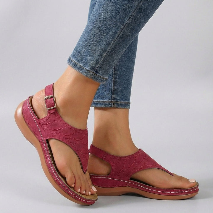 Orthopedic Wedge Sandals Ankle Strap Open Toe Embroidered - Red