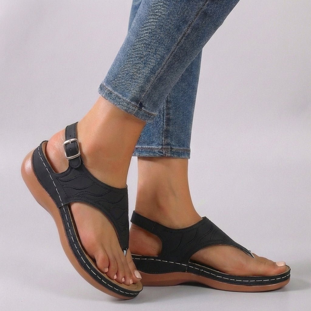 Orthopedic Wedge Sandals Ankle Strap Open Toe Embroidered - Black