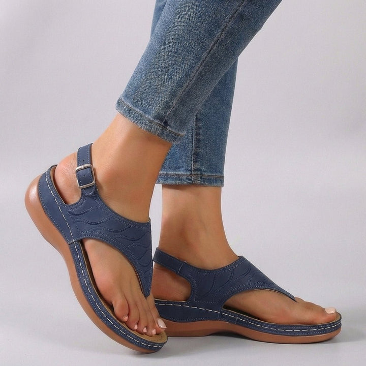 Orthopedic Wedge Sandals Ankle Strap Open Toe Embroidered - Blue