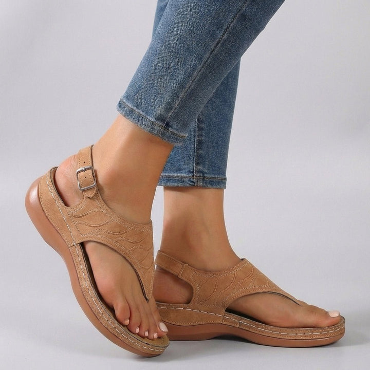 Orthopedic Wedge Sandals Ankle Strap Open Toe Embroidered - Brown