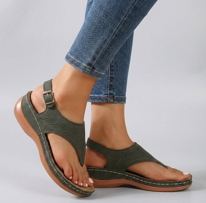 Orthopedic Wedge Sandals Ankle Strap Open Toe Embroidered - Green