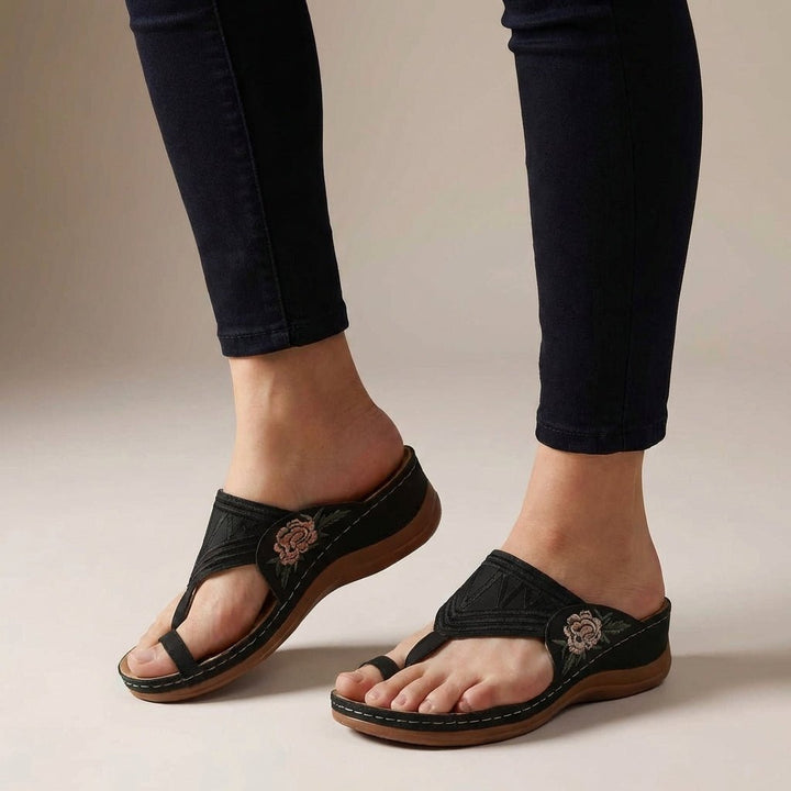 Orthopedic Wedge Sandals Floral Embroidered Thong - Black