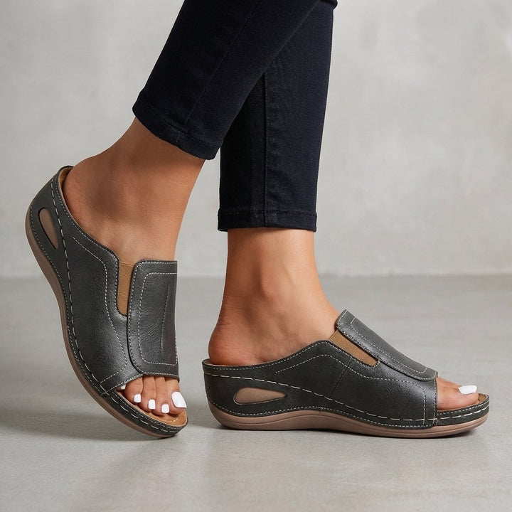 Orthopedic Wedge Sandals Slip-On Leather Open-Toe - Charcoal