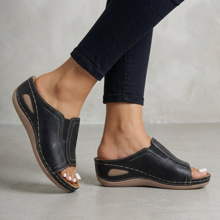 Orthopedic Wedge Sandals Slip-On Leather Open-Toe - Black