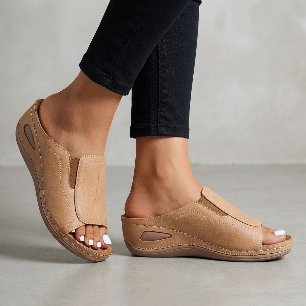 Orthopedic Wedge Sandals Slip-On Leather Open-Toe - Beige