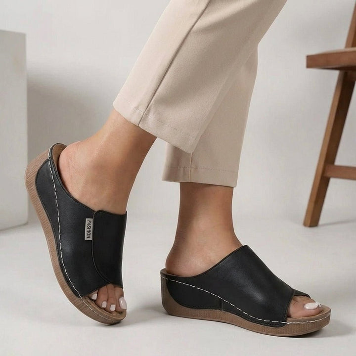 Orthopedic Wedge Slippers Open Toe Slip-On Black - Black