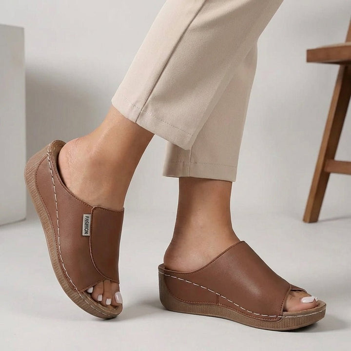 Orthopedic Wedge Slippers Open Toe Slip-On Black - Brown