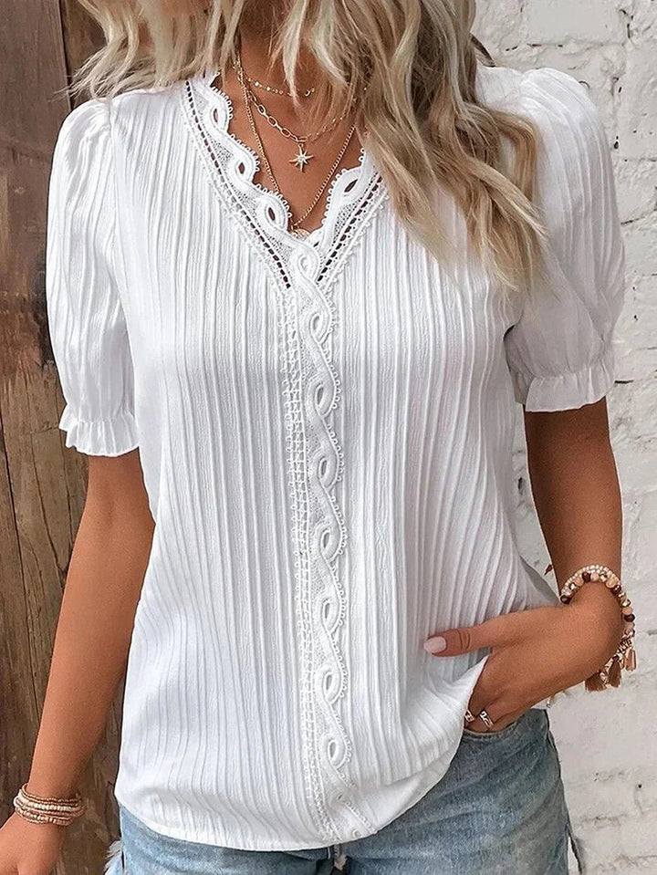 Plus Size Blouse Lace Trim V-Neck Short Sleeve Women