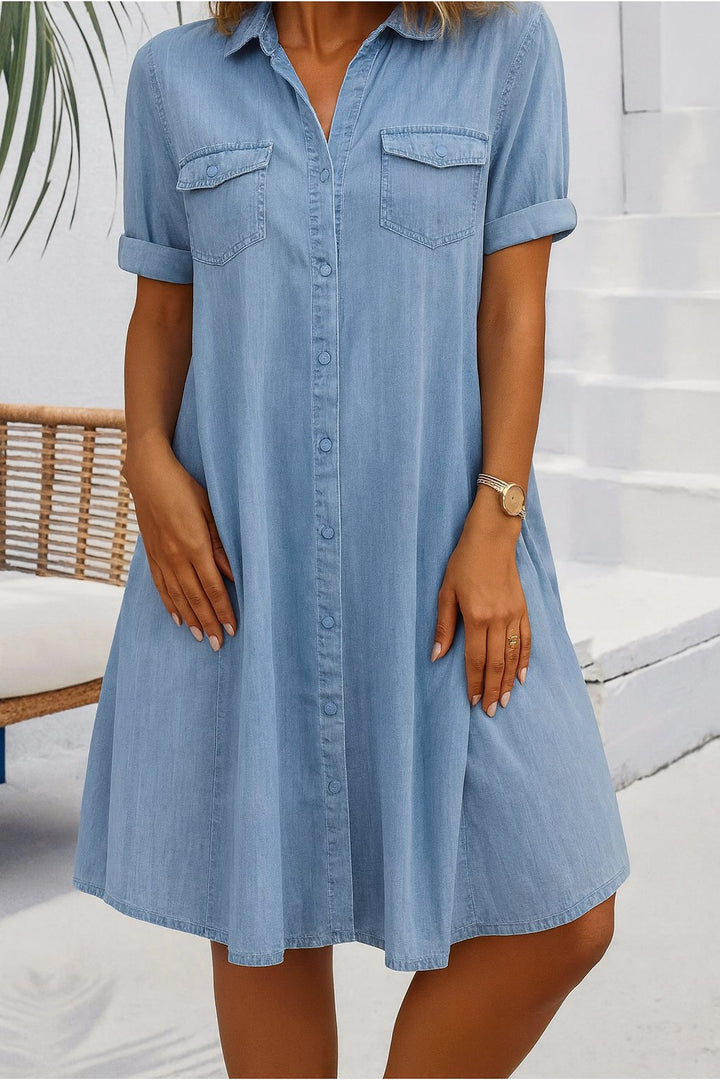 Plus Size Denim Shirt Dress Button-Down Lightweight Casual - Light blue