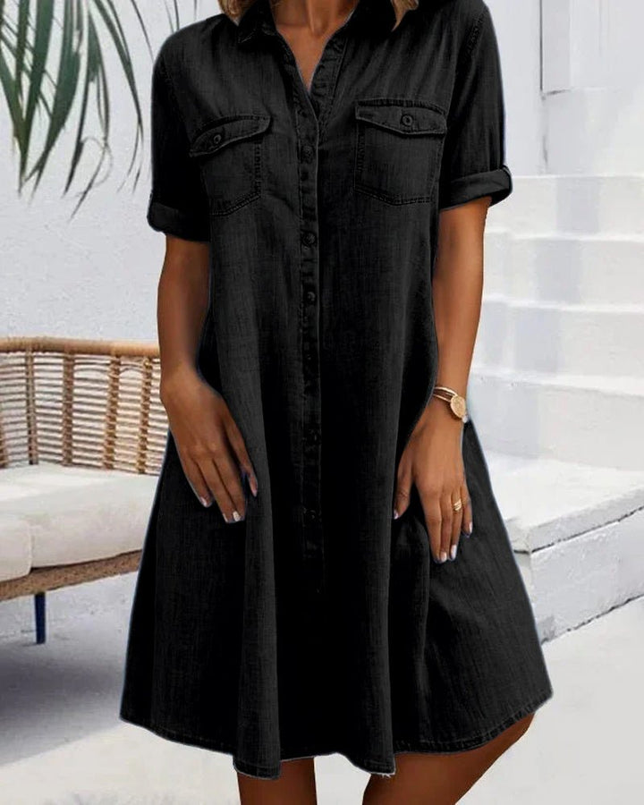 Plus Size Denim Shirt Dress Button-Down Lightweight Casual - Black