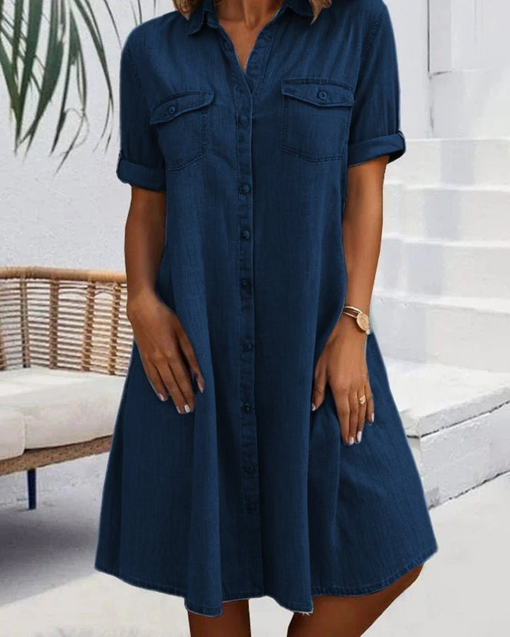 Plus Size Denim Shirt Dress Button-Down Lightweight Casual - Dark blue
