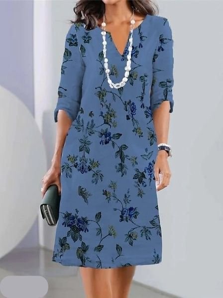 Plus Size Floral Dress V-Neck Short Sleeve A-Line Midi - Blue