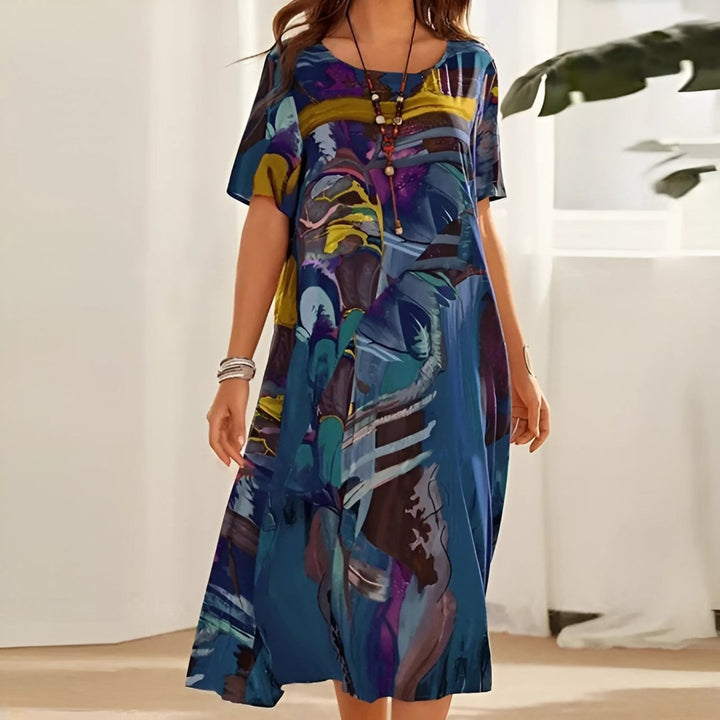 Plus Size Maxi Dress Abstract Print Short Sleeve Casual - Blue