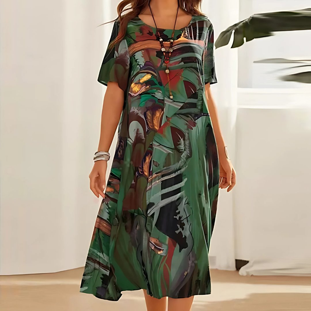 Plus Size Maxi Dress Abstract Print Short Sleeve Casual - Green