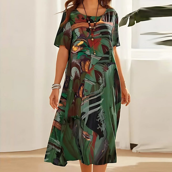 Plus Size Maxi Dress Abstract Print Short Sleeve Casual - Green