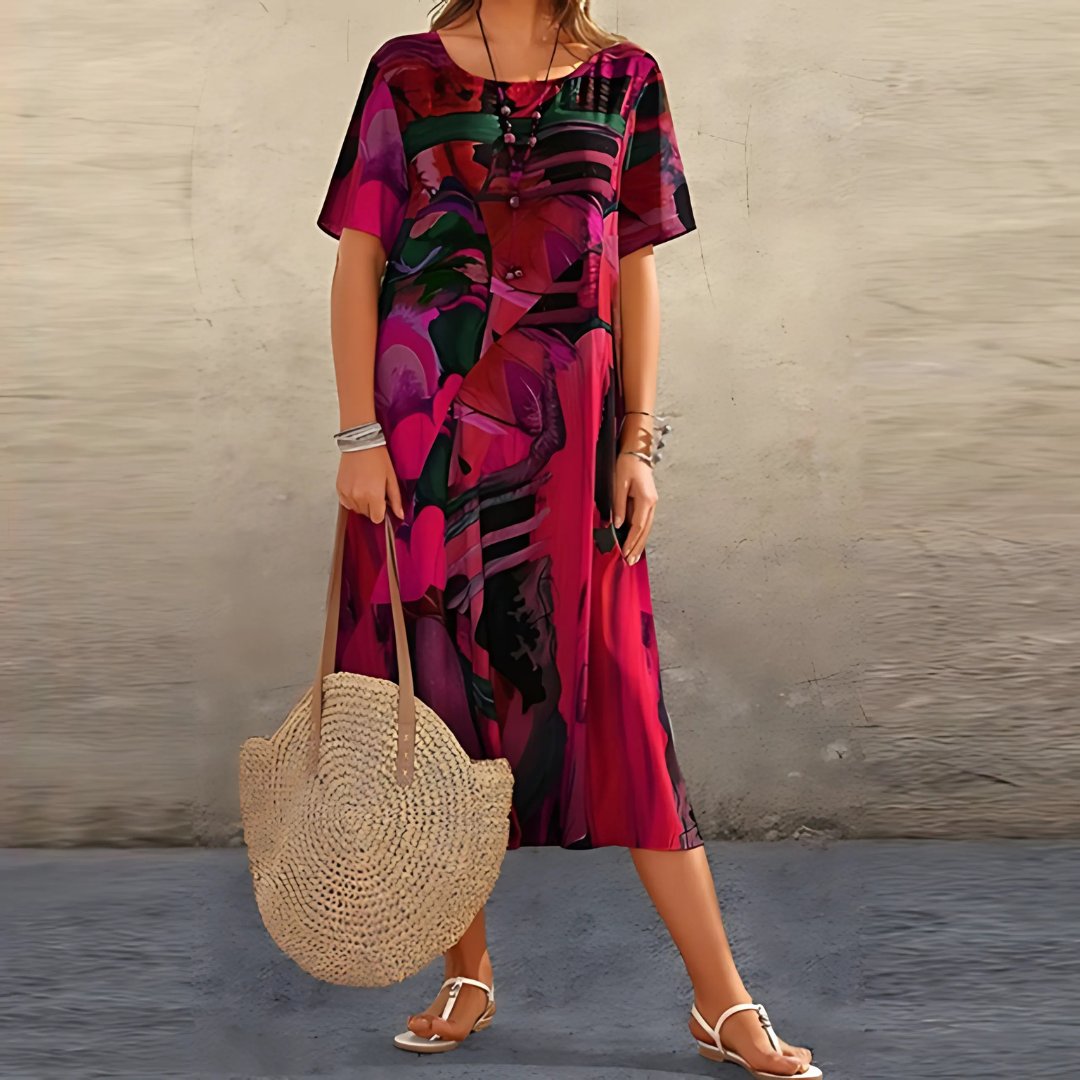 Plus Size Maxi Dress Abstract Print Short Sleeve Casual - Red