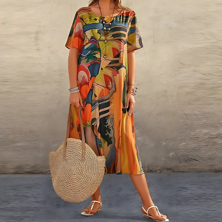 Plus Size Maxi Dress Abstract Print Short Sleeve Casual - Orange