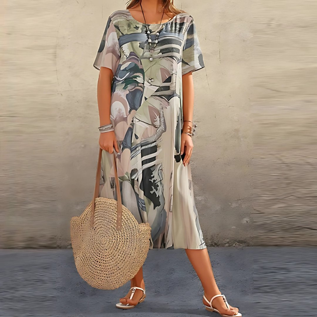 Plus Size Maxi Dress Abstract Print Short Sleeve Casual - Grey