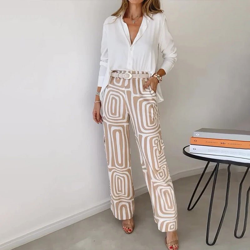 Plus Size Two Piece Set Button-Up Shirt Patterned Trousers - Khaki