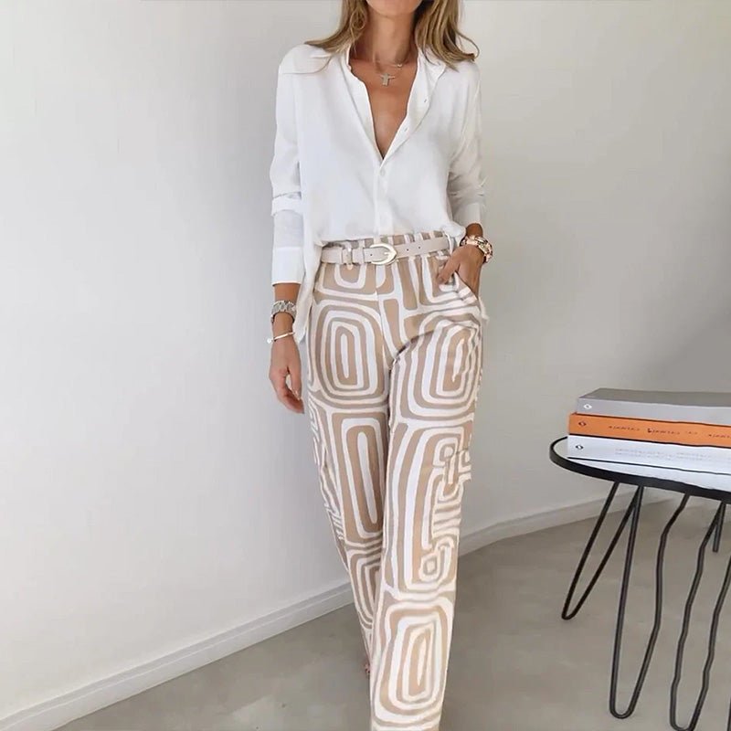 Plus Size Two Piece Set Button-Up Shirt Patterned Trousers