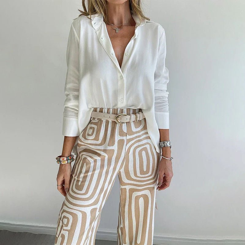 Plus Size Two Piece Set Button-Up Shirt Patterned Trousers