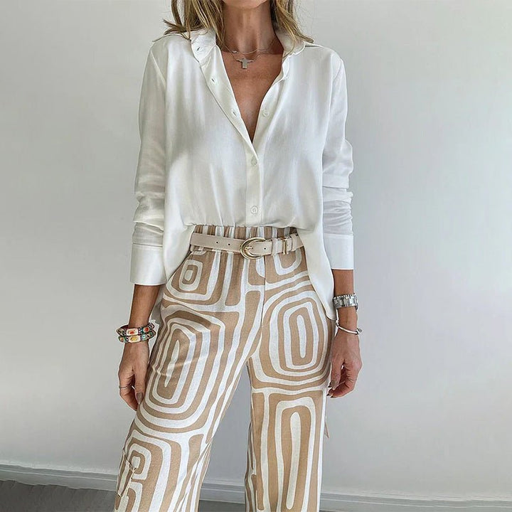 Plus Size Two Piece Set Button-Up Shirt Patterned Trousers