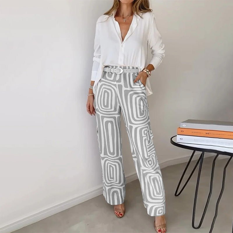 Plus Size Two Piece Set Button-Up Shirt Patterned Trousers - Gray
