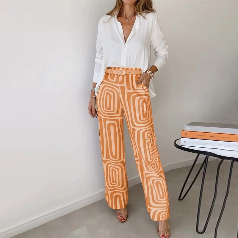 Plus Size Two Piece Set Button-Up Shirt Patterned Trousers - Orange