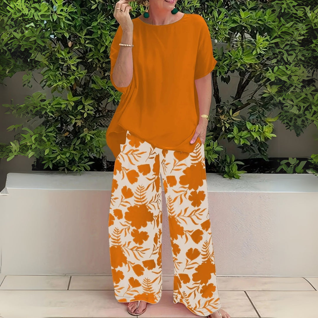 Plus Size Two-Piece Set Floral Wide-Leg Trousers Relaxed Top - Mandarin Orange