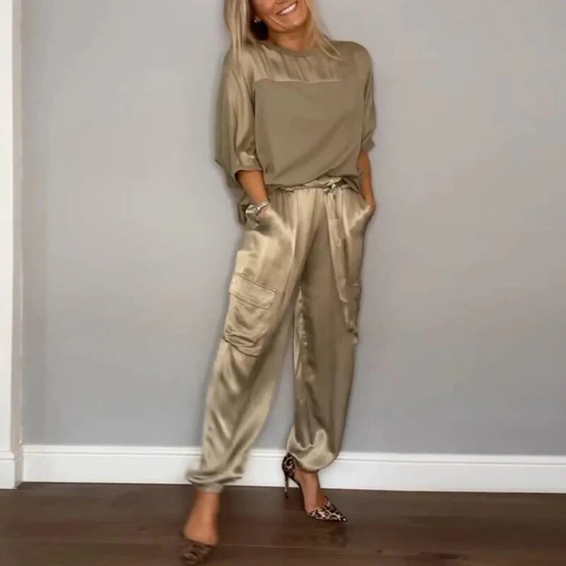 Plus Size Two Piece Set Utility Cargo Trousers Drawstring - Gold