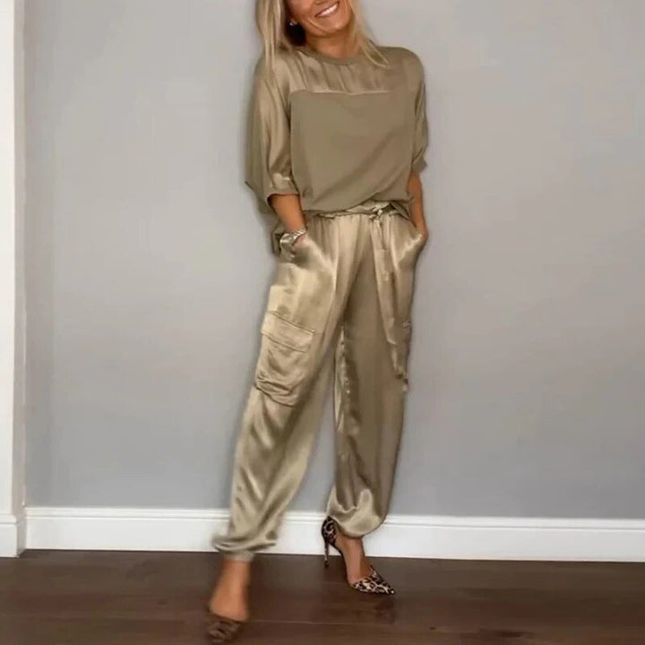 Plus Size Two Piece Set Utility Cargo Trousers Drawstring - Gold