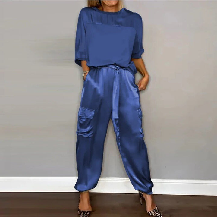 Plus Size Two Piece Set Utility Cargo Trousers Drawstring - Blue