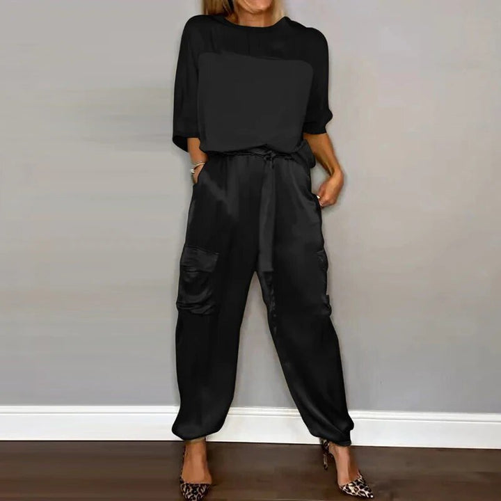 Plus Size Two Piece Set Utility Cargo Trousers Drawstring - Black