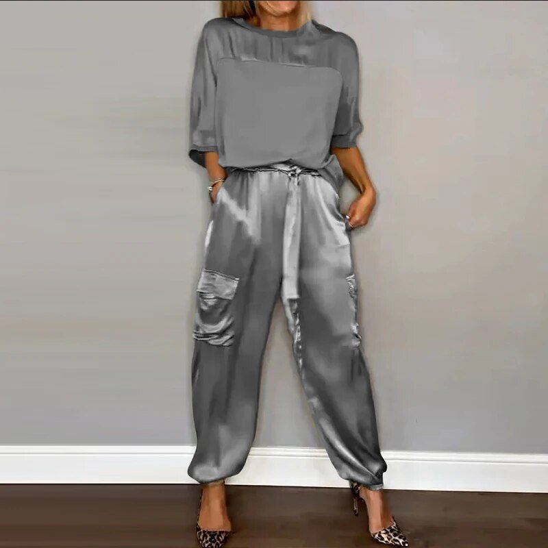 Plus Size Two Piece Set Utility Cargo Trousers Drawstring - Grey