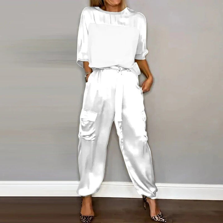Plus Size Two Piece Set Utility Cargo Trousers Drawstring - White